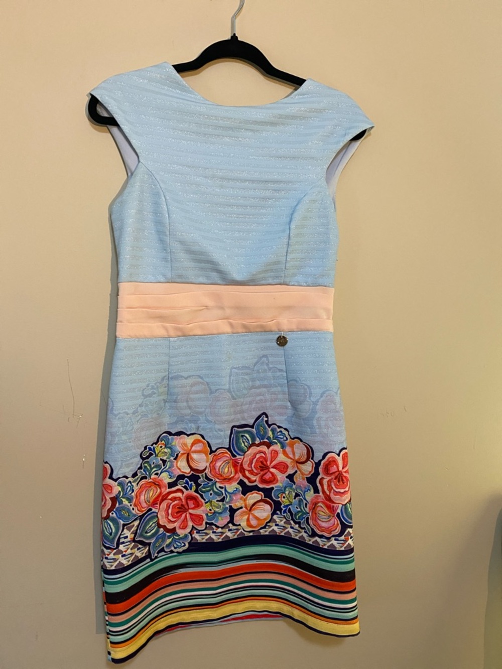 Designer Buscuit Pastel Blue Floral-Trim Mini Dress with Peach Waistband. Sz 2